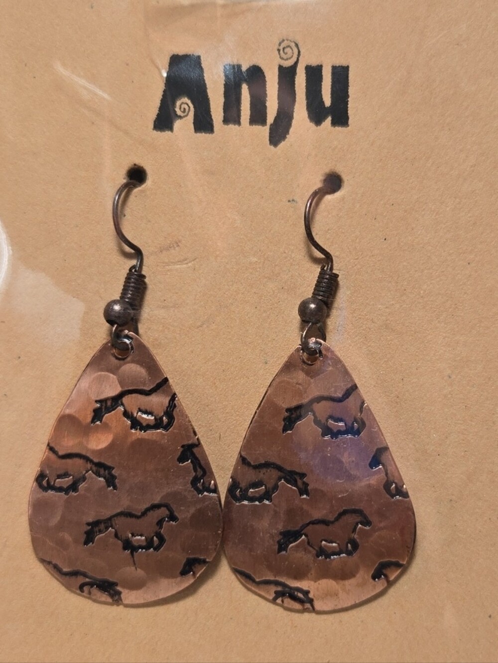 Copper Teardrop Horse-Stamped Earrings - Brown